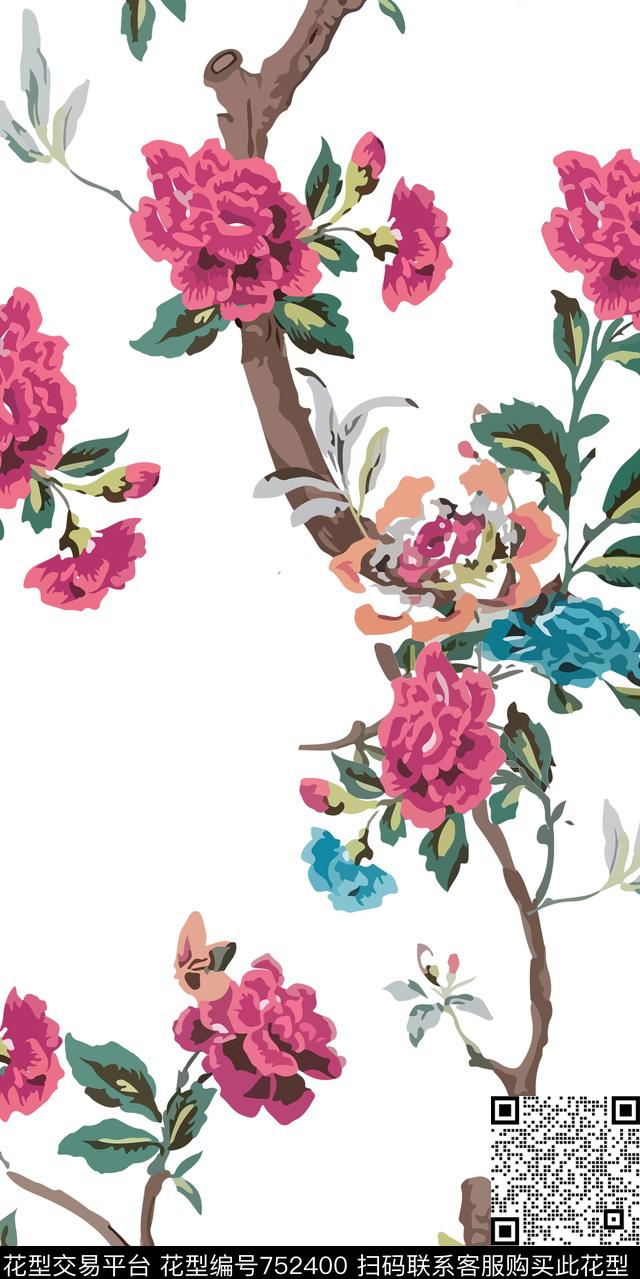 数枝花卉复古传统印花华亿平台下载（图片编号: 752400） - 瓦栏（Walan）