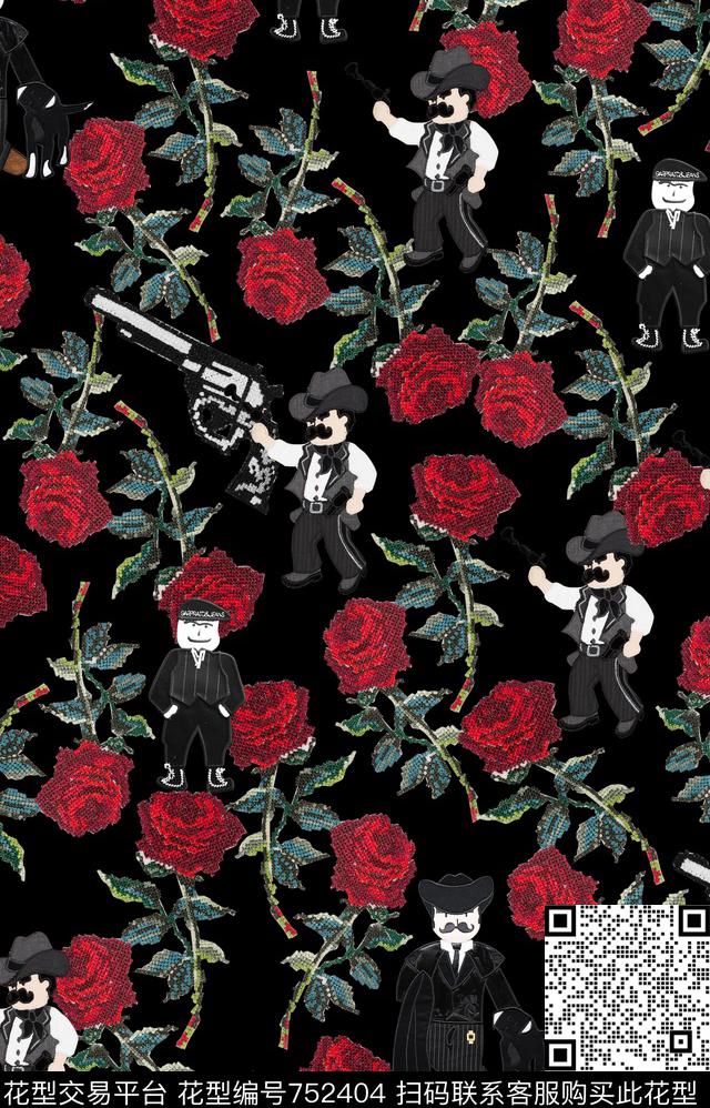 玫瑰小人花卉数码印花华亿平台下载（图片编号: 752404） - 瓦栏（Walan）