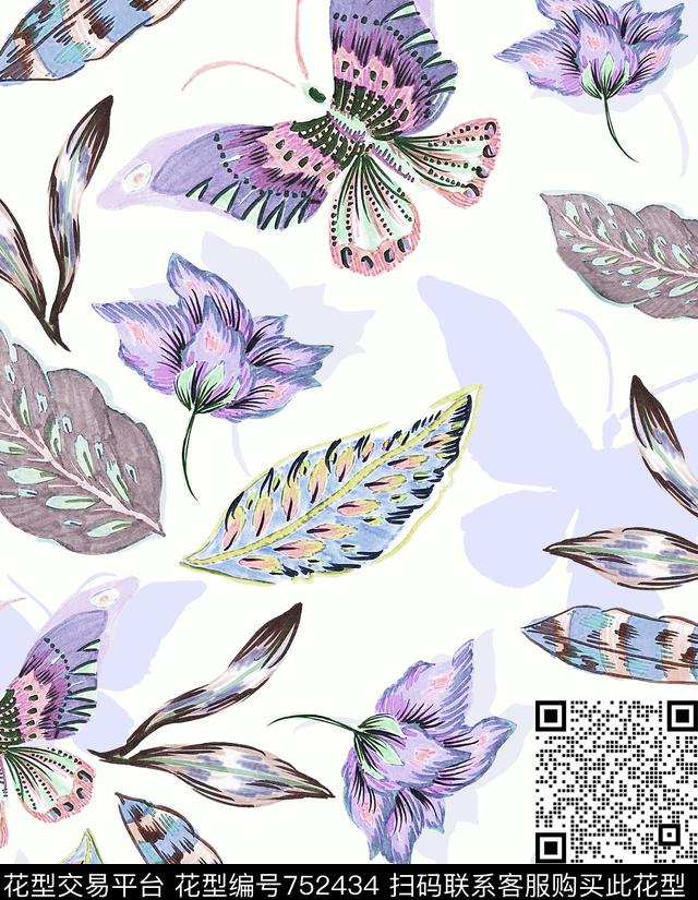 叶子创意蝴蝶数码印花华亿平台下载（图片编号: 752434） - 瓦栏（Walan）