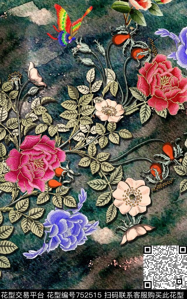 时尚手绘花卉数码印花华亿平台下载（图片编号: 752515） - 瓦栏（Walan）