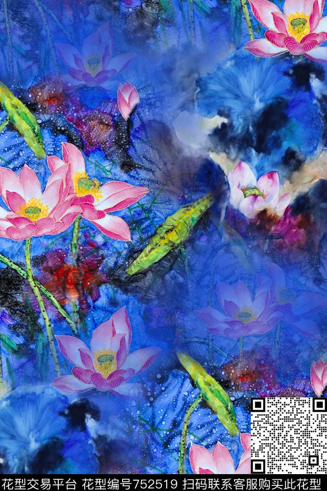花卉中国风荷花数码印花华亿平台下载（图片编号: 752519） - 瓦栏（Walan）
