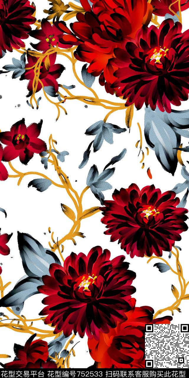手绘花卉抽象数码印花华亿平台下载（图片编号: 752533） - 瓦栏（Walan）