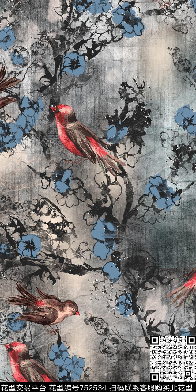 手绘水墨花鸟数码印花华亿平台下载（图片编号: 752534） - 瓦栏（Walan）