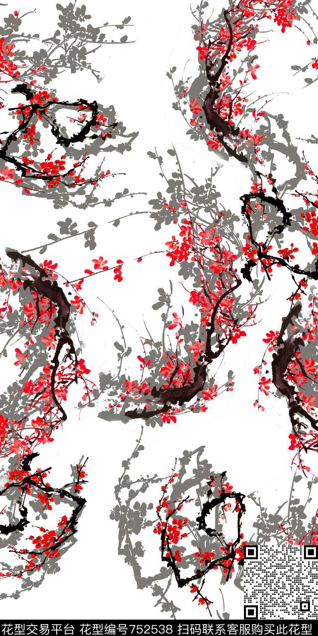 手绘花卉中国风数码印花华亿平台下载（图片编号: 752538） - 瓦栏（Walan）