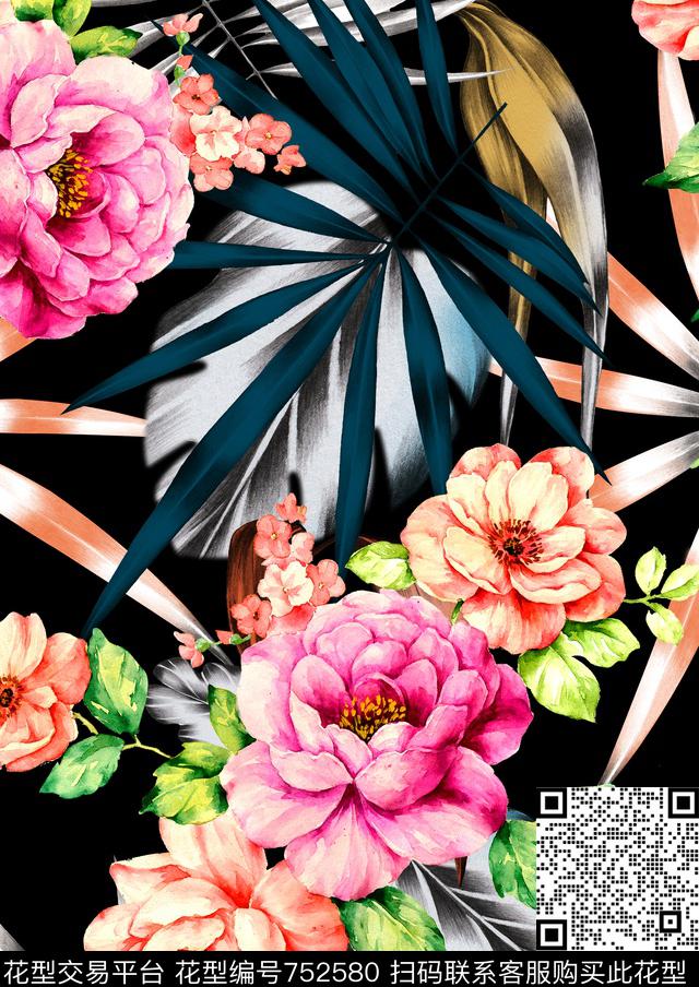 枫叶花朵羽毛数码印花华亿平台下载（图片编号: 752580） - 瓦栏（Walan）