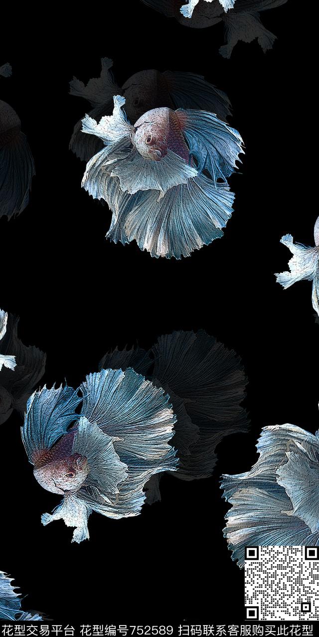 鱼黑底动物数码印花华亿平台下载（图片编号: 752589） - 瓦栏（Walan）