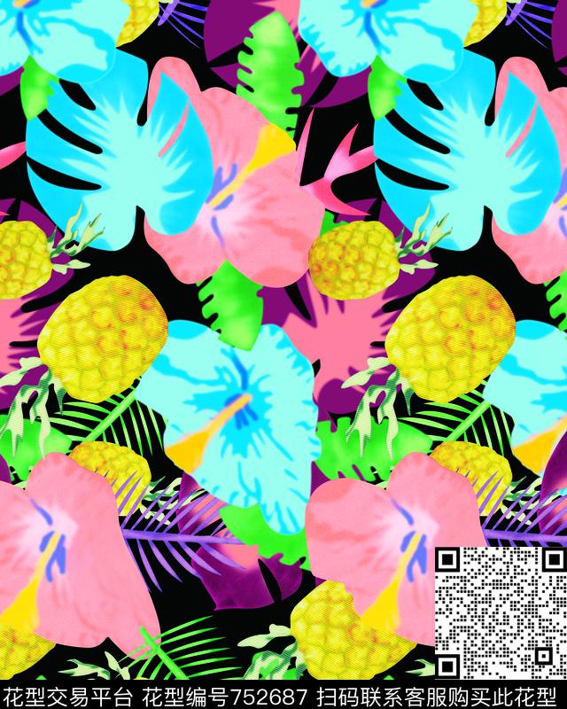 菠萝芭蕉叶百合数码印花华亿平台下载（图片编号: 752687） - 瓦栏（Walan）