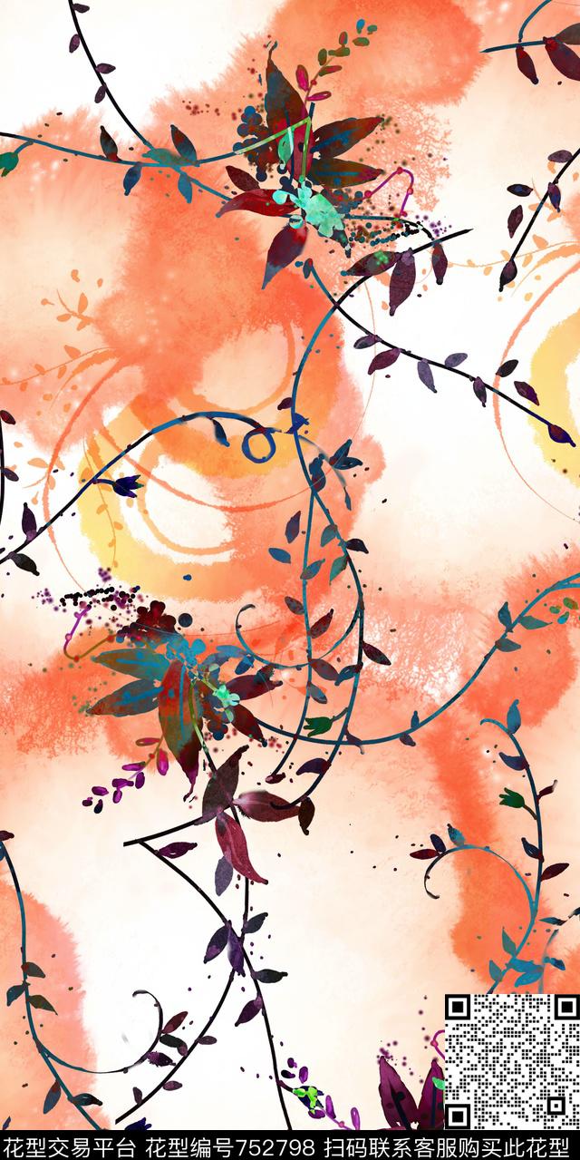 乱花花卉树叶数码印花华亿平台下载（图片编号: 752798） - 瓦栏（Walan）