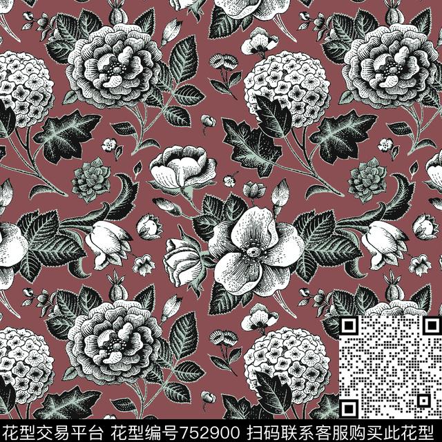 绣球花花卉素色传统印花华亿平台下载（图片编号: 752900） - 瓦栏（Walan）