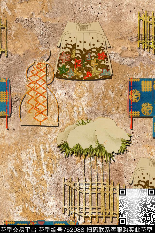时尚手绘纹理数码印花华亿平台下载（图片编号: 752988） - 瓦栏（Walan）