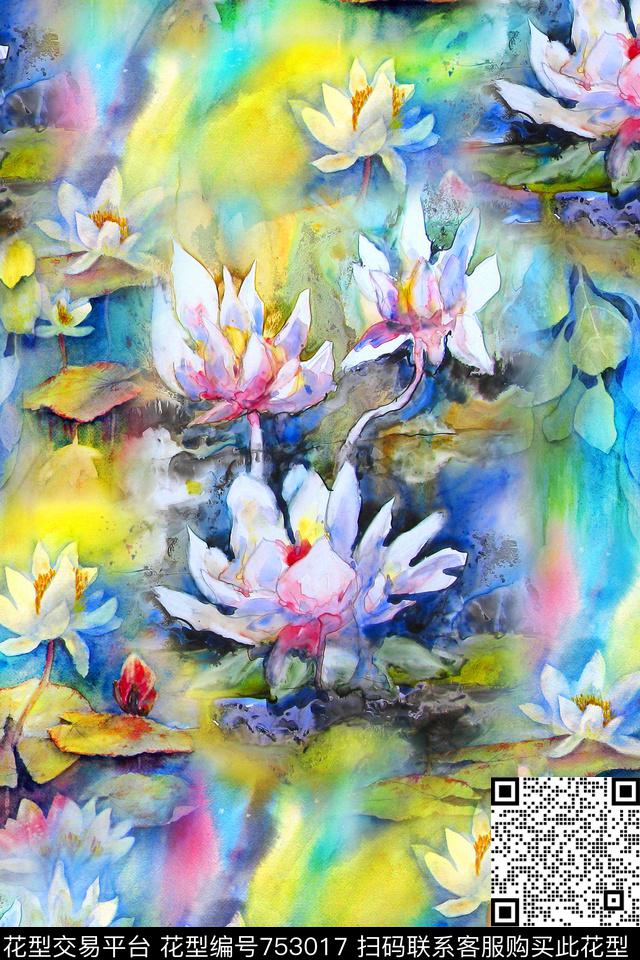 花卉荷花水彩数码印花华亿平台下载（图片编号: 753017） - 瓦栏（Walan）