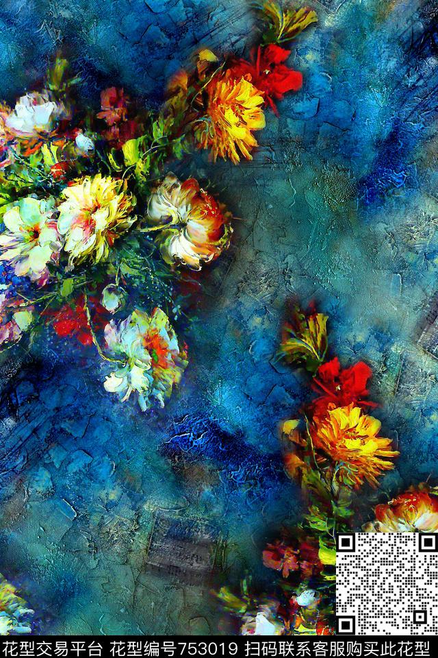 花卉油画肌理数码印花华亿平台下载（图片编号: 753019） - 瓦栏（Walan）