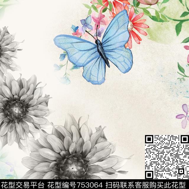 五彩蝴蝶黑白太阳花绚烂雏菊数码印花华亿平台下载（图片编号: 753064） - 瓦栏（Walan）