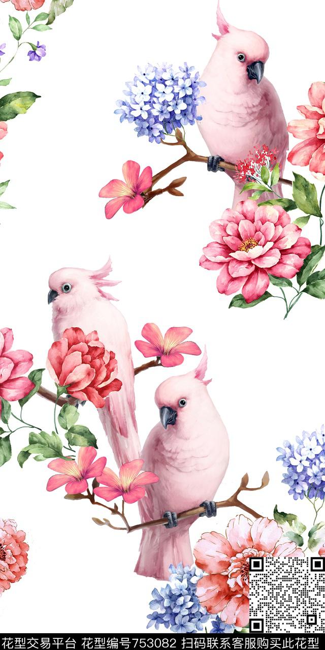 花丛中的鸟清新手绘花粉色鹦鹉数码印花华亿平台下载（图片编号: 753082） - 瓦栏（Walan）