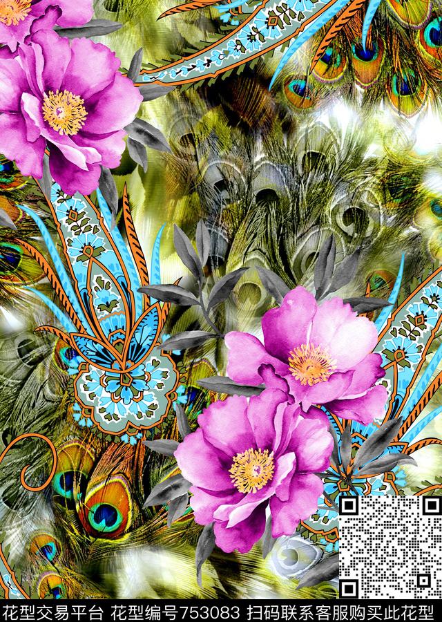 孔雀羽毛复古佩斯利手绘花数码印花华亿平台下载（图片编号: 753083） - 瓦栏（Walan）