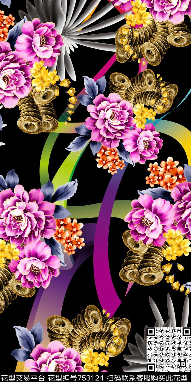 小碎花花卉彩带数码印花华亿平台下载（图片编号: 753124） - 瓦栏（Walan）
