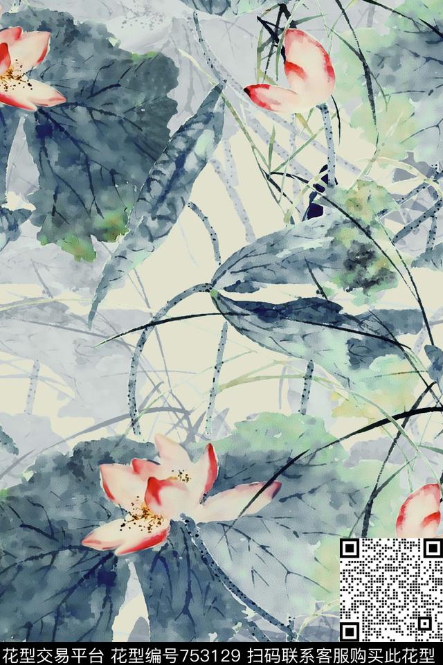 洋阳---花卉国画紫藤花数码印花华亿平台下载（图片编号: 753129） - 瓦栏（Walan）