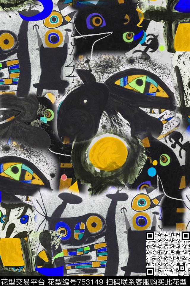 抽象趣味涂鸦数码印花华亿平台下载（图片编号: 753149） - 瓦栏（Walan）