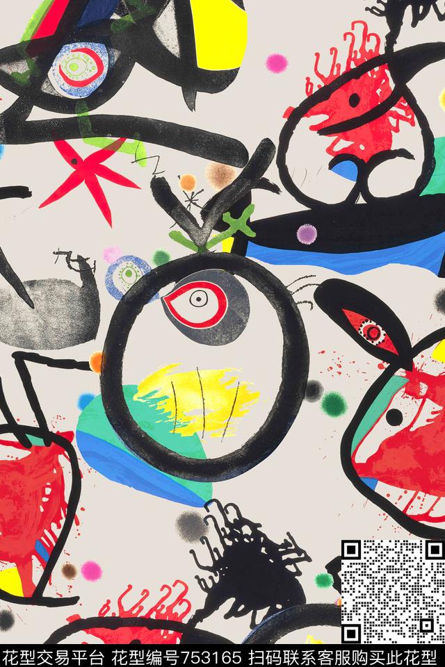 趣味抽象涂鸦传统印花华亿平台下载（图片编号: 753165） - 瓦栏（Walan）