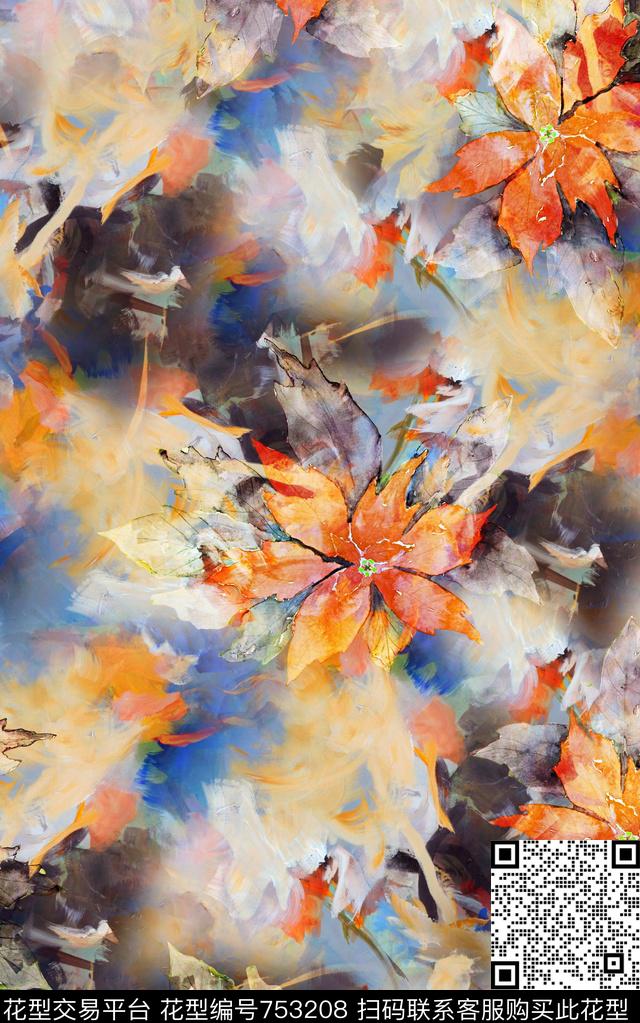 抽象手绘水彩画植物花卉数码印花时尚潮流女装裙子高清彩绘纹理印花春夏清爽柔和艳丽印花数码印花华亿平台下载（图片编号: 753208） - 瓦栏（Walan）