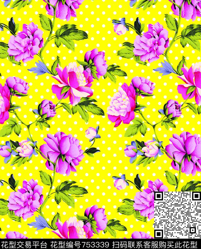 牡丹花朵大花传统印花华亿平台下载（图片编号: 753339） - 瓦栏（Walan）