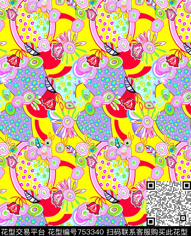扇形大花花卉传统印花华亿平台下载（图片编号: 753340） - 瓦栏（Walan）