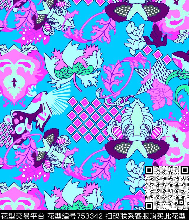 花朵大花牡丹传统印花华亿平台下载（图片编号: 753342） - 瓦栏（Walan）