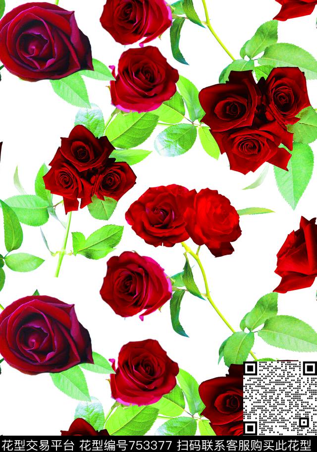 大花玫瑰花卉数码印花华亿平台下载（图片编号: 753377） - 瓦栏（Walan）
