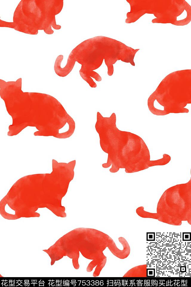 猫水彩手绘数码印花华亿平台下载（图片编号: 753386） - 瓦栏（Walan）