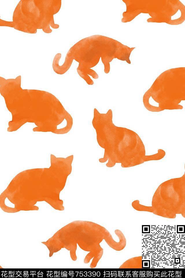 猫水彩手绘数码印花华亿平台下载（图片编号: 753390） - 瓦栏（Walan）