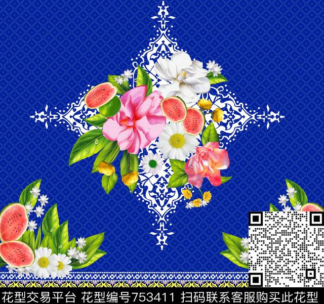 抽象几何大花数码印花华亿平台下载（图片编号: 753411） - 瓦栏（Walan）