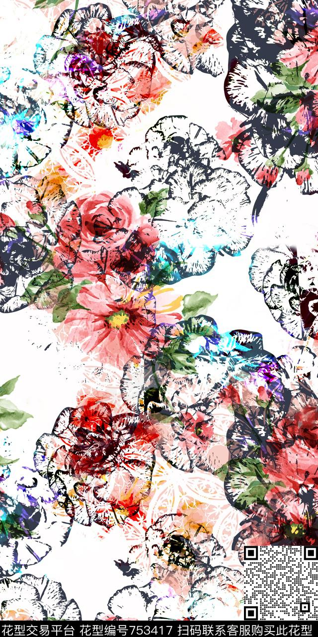 水彩大花花朵数码印花华亿平台下载（图片编号: 753417） - 瓦栏（Walan）