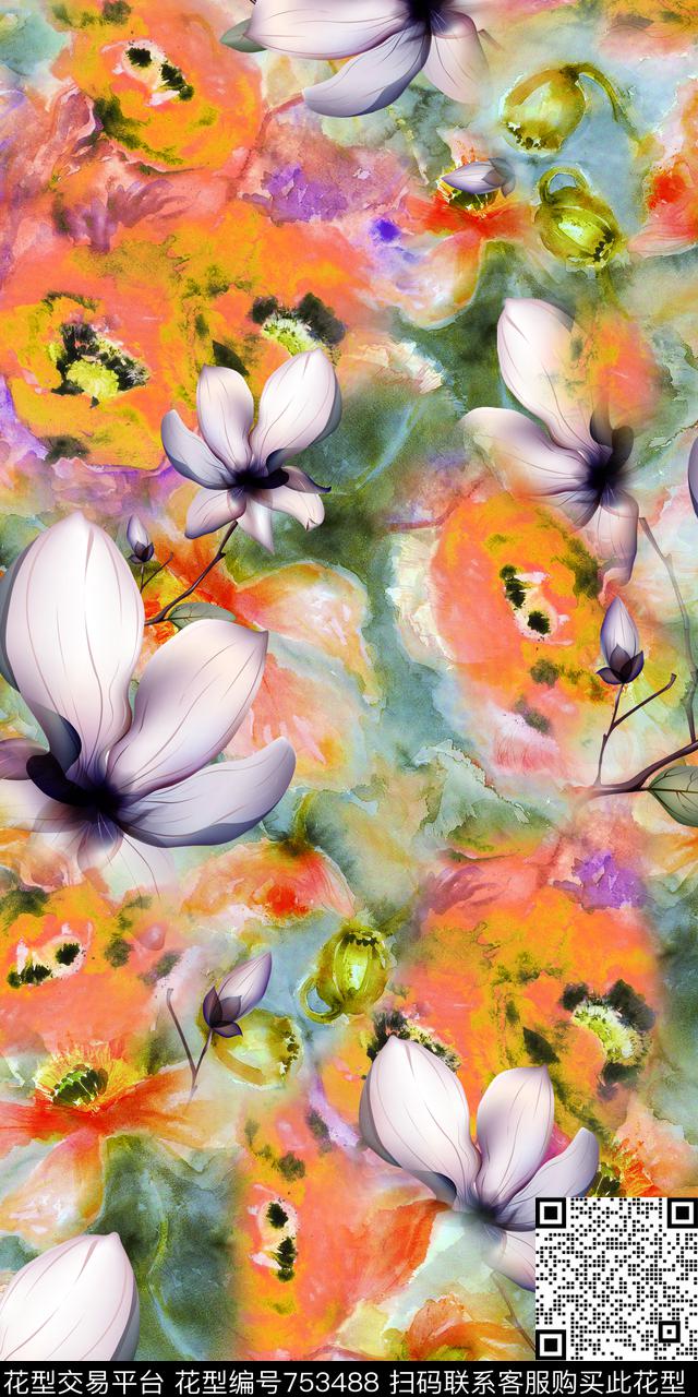 乱花大花花朵数码印花华亿平台下载（图片编号: 753488） - 瓦栏（Walan）