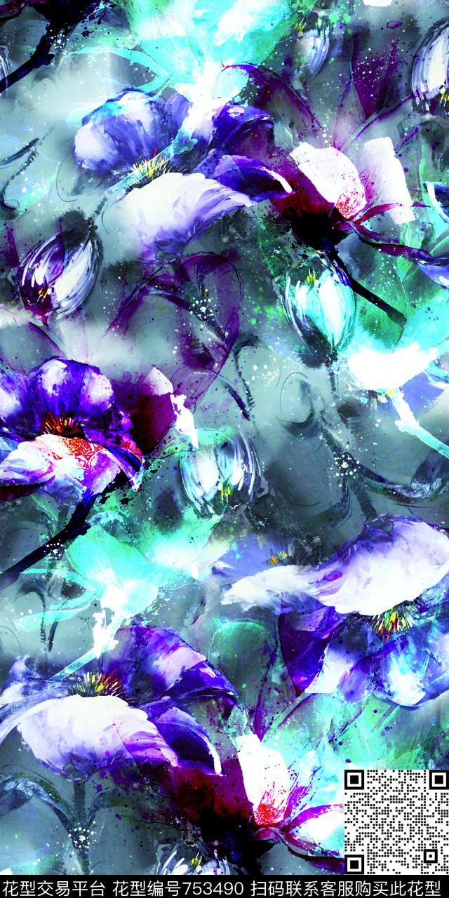 乱花大花花朵数码印花华亿平台下载（图片编号: 753490） - 瓦栏（Walan）