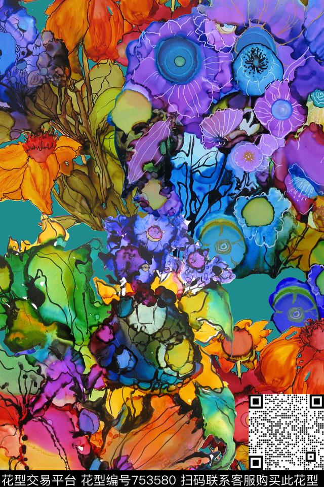 花卉水彩肌理数码印花华亿平台下载（图片编号: 753580） - 瓦栏（Walan）