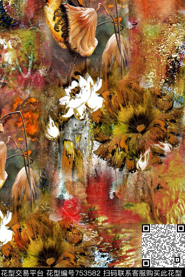 油画花卉肌理数码印花华亿平台下载（图片编号: 753582） - 瓦栏（Walan）