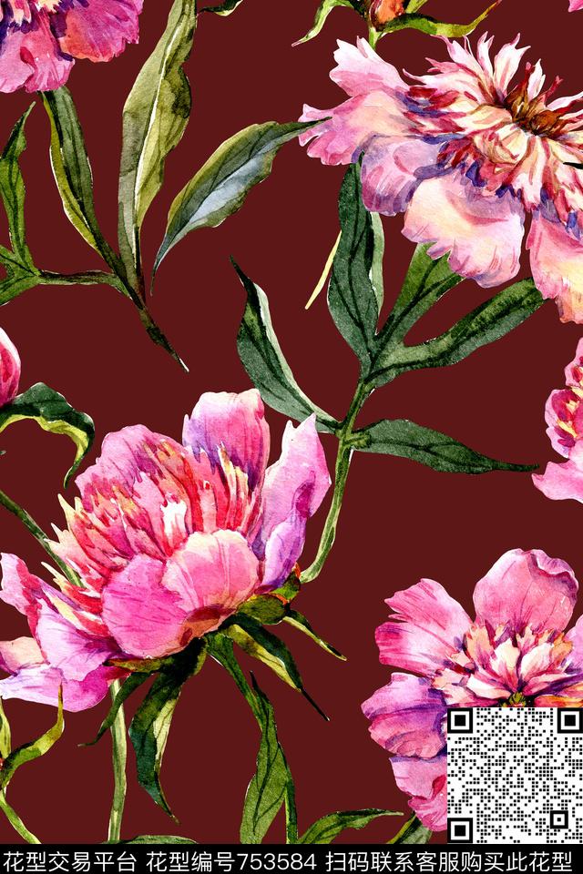 时尚手绘水彩数码印花华亿平台下载（图片编号: 753584） - 瓦栏（Walan）