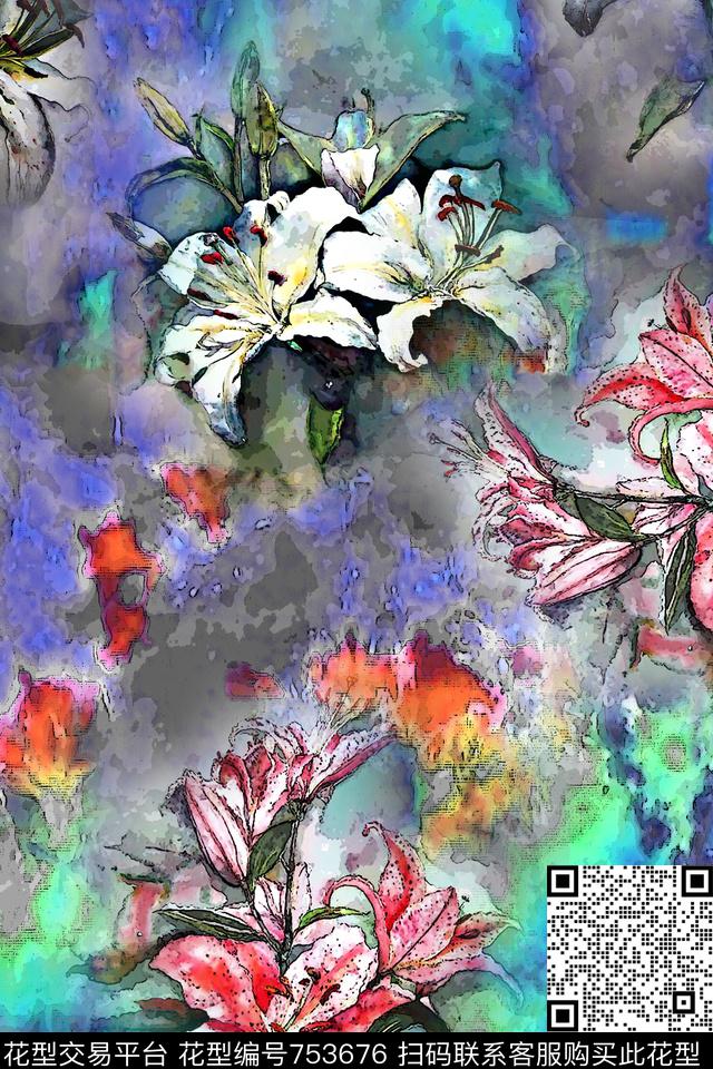 百合花卉肌理数码印花华亿平台下载（图片编号: 753676） - 瓦栏（Walan）