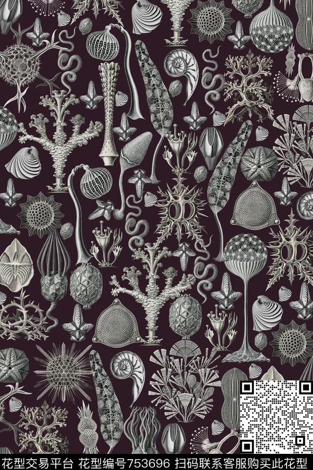 文艺范儿海底生物黑白华亿平台传统印花华亿平台下载（图片编号: 753696） - 瓦栏（Walan）