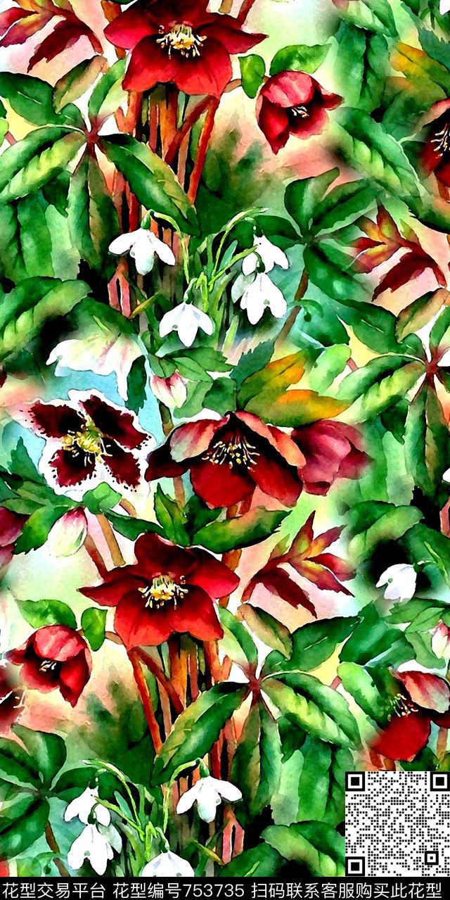 花朵水彩数码数码印花华亿平台下载（图片编号: 753735） - 瓦栏（Walan）
