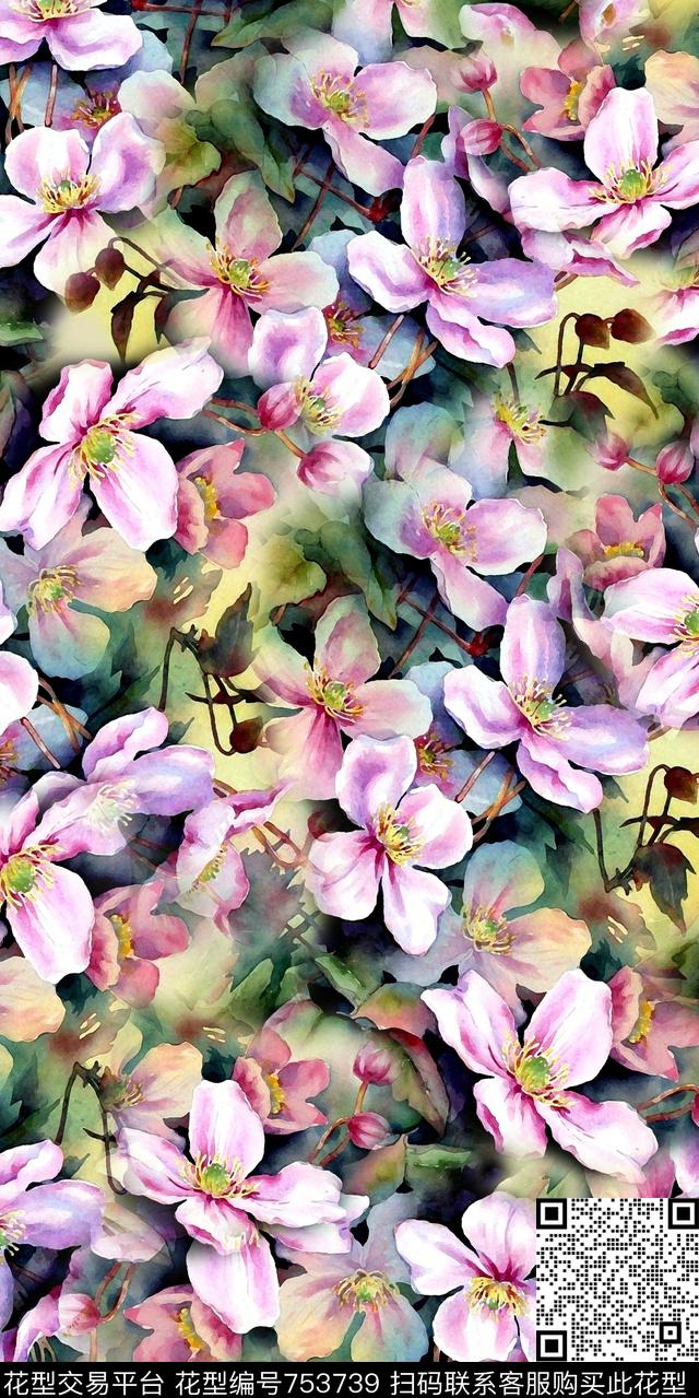 花朵水彩数码数码印花华亿平台下载（图片编号: 753739） - 瓦栏（Walan）