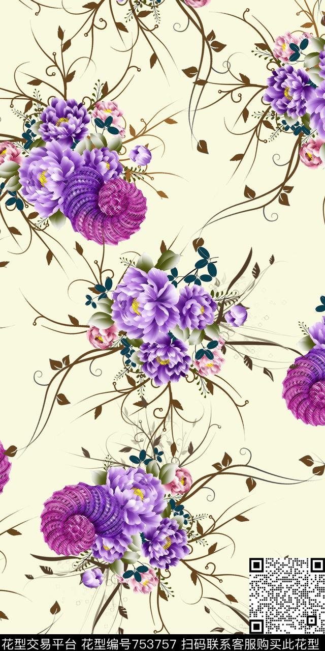 花卉古老生物树枝数码印花华亿平台下载（图片编号: 753757） - 瓦栏（Walan）