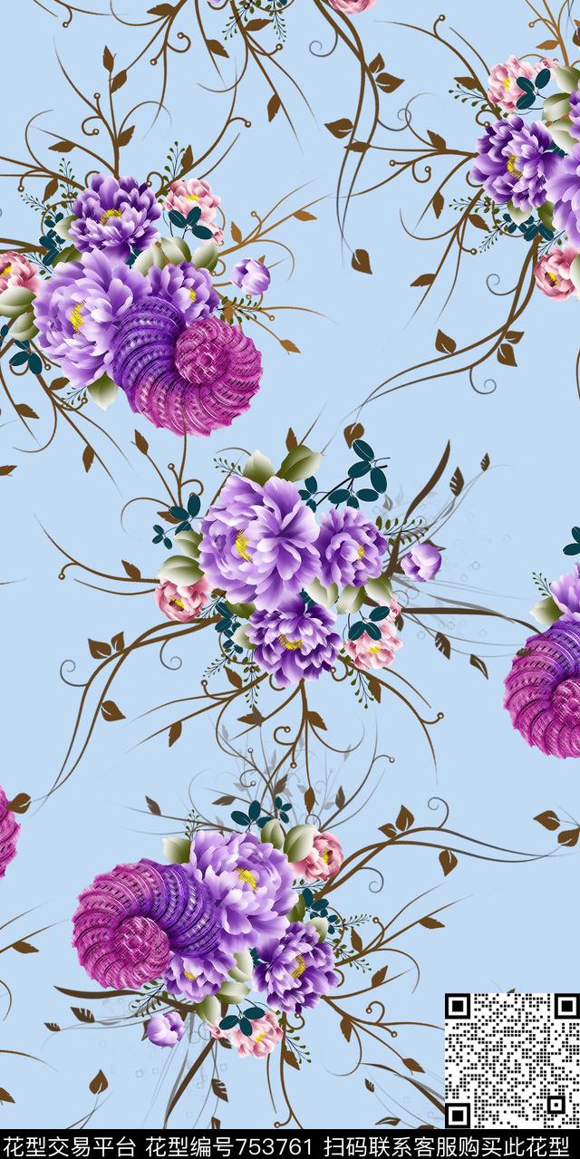 花卉古老生物树枝数码印花华亿平台下载（图片编号: 753761） - 瓦栏（Walan）