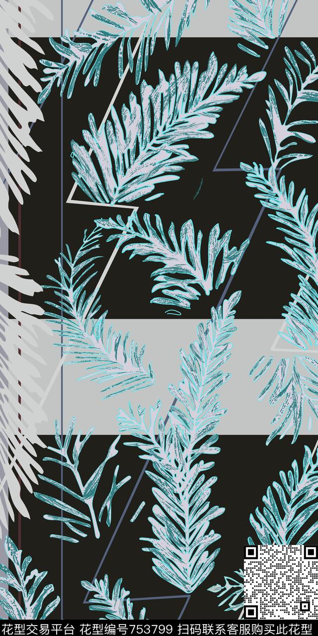 竹叶花卉传统印花华亿平台下载（图片编号: 753799） - 瓦栏（Walan）