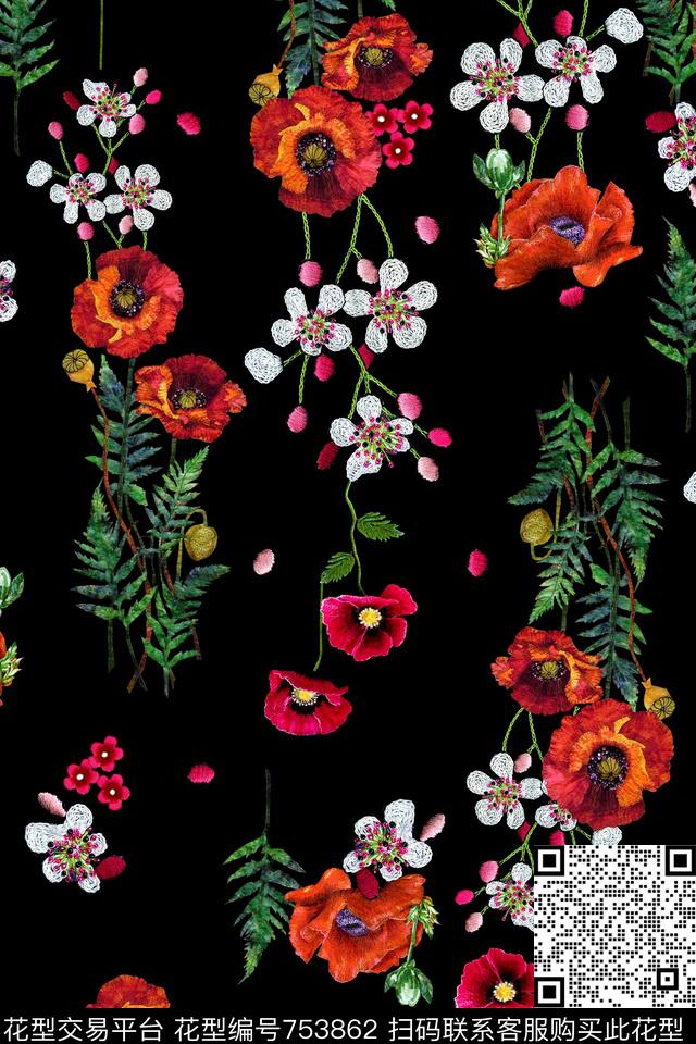 平底花卉复古数码印花华亿平台下载（图片编号: 753862） - 瓦栏（Walan）