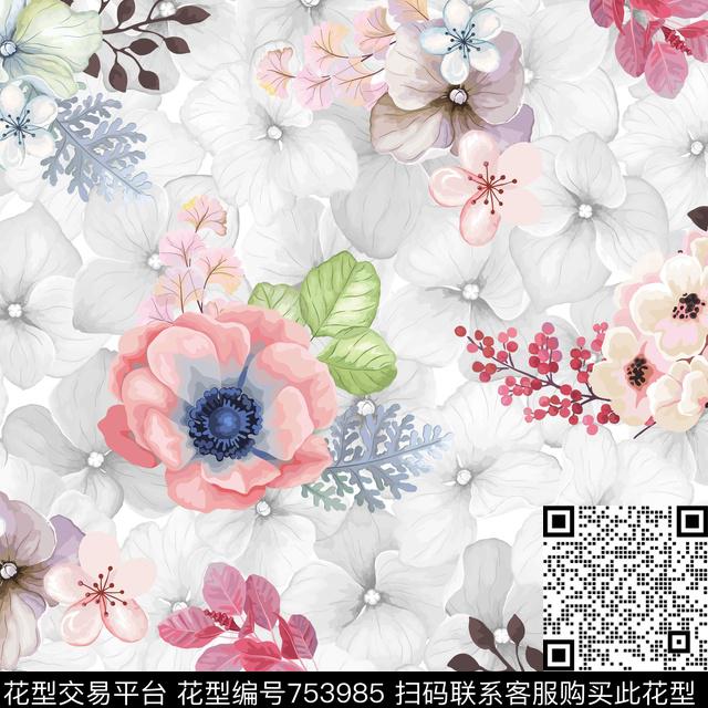 暗花花朵花卉数码印花华亿平台下载（图片编号: 753985） - 瓦栏（Walan）