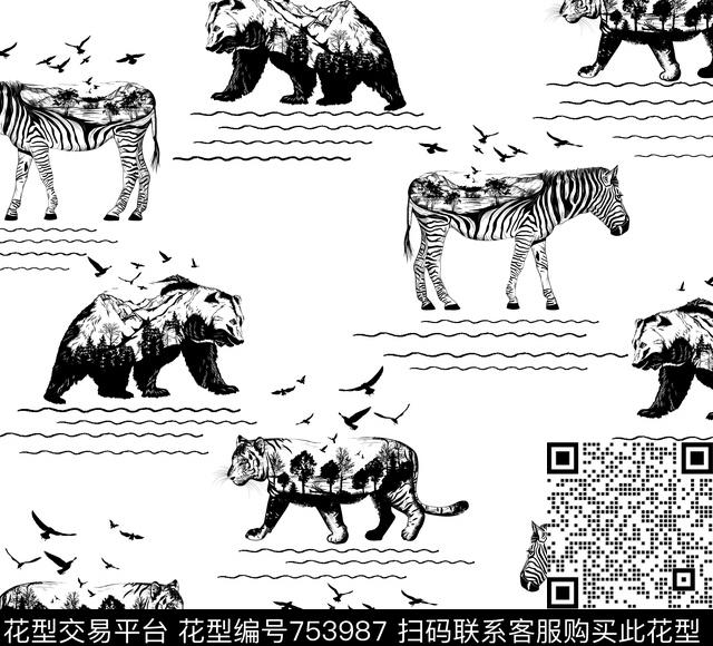 黑白动物鸟传统印花华亿平台下载（图片编号: 753987） - 瓦栏（Walan）