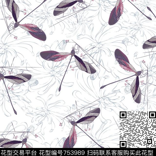 动物暗花蜻蜓传统印花华亿平台下载（图片编号: 753989） - 瓦栏（Walan）