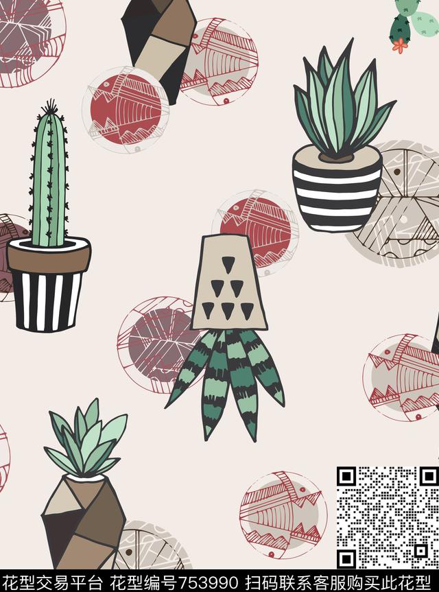 花瓶几何仙人掌传统印花华亿平台下载（图片编号: 753990） - 瓦栏（Walan）