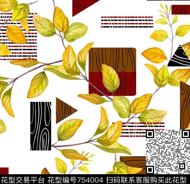 叶子几何树纹数码印花华亿平台下载（图片编号: 754004） - 瓦栏（Walan）